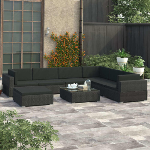 8-Piece Garden Lounge Set with Cushions Poly Rattan Wicker Outdoor Patio Furniture Black - Image 2