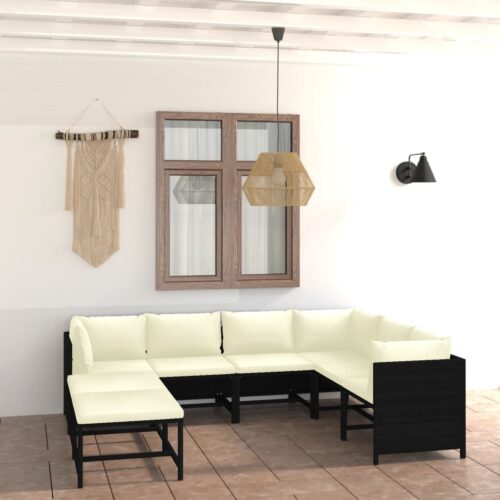 8-Piece Garden Lounge Set with Cushions Poly Rattan Wicker Outdoor Patio Furniture Black - Image 2