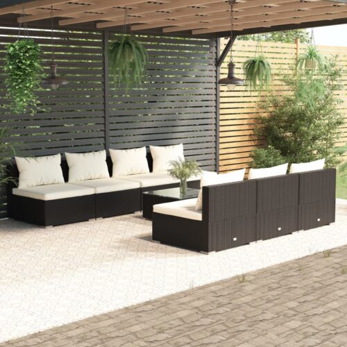 8-Piece Garden Lounge Set with Cushions Poly Rattan Wicker Outdoor Patio Furniture Black - Image 2