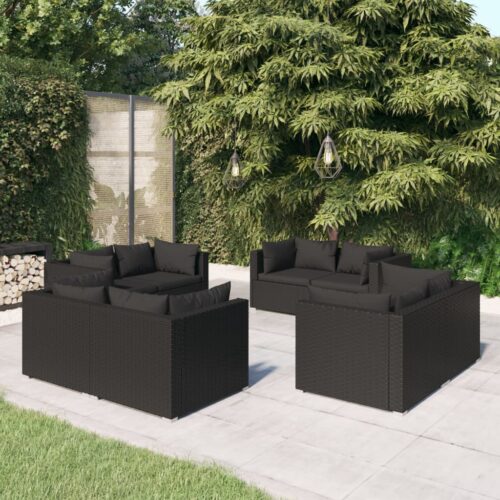 8-Piece Garden Lounge Set with Cushions Poly Rattan Wicker Outdoor Patio Furniture Black - Image 2