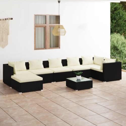 8-Piece Garden Lounge Set with Cushions Poly Rattan Wicker Outdoor Patio Furniture Black - Image 2