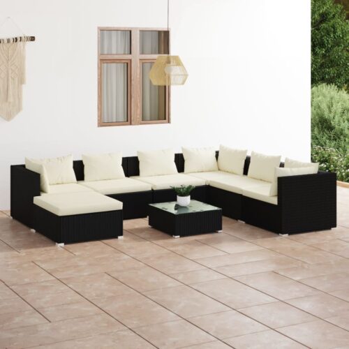 8-Piece Garden Lounge Set with Cushions Poly Rattan Wicker Outdoor Patio Furniture Black - Image 2