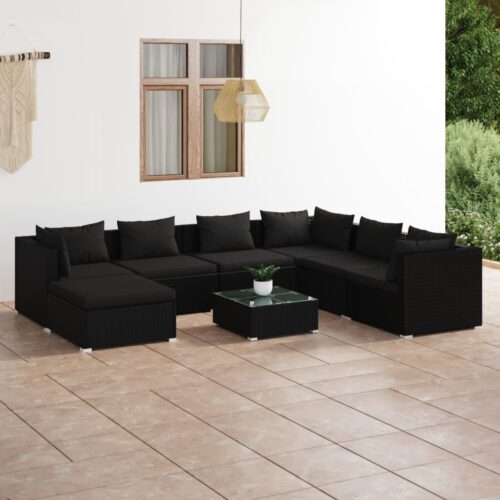 8-Piece Garden Lounge Set with Cushions Poly Rattan Wicker Outdoor Patio Furniture Black - Image 2