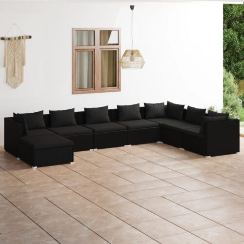 8-Piece Garden Lounge Set with Cushions Poly Rattan Wicker Outdoor Patio Furniture Black - Image 2