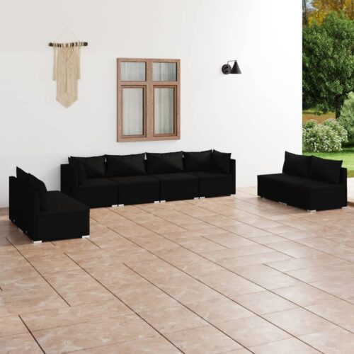 8-Piece Garden Lounge Set with Cushions Poly Rattan Wicker Outdoor Patio Furniture Black - Image 2