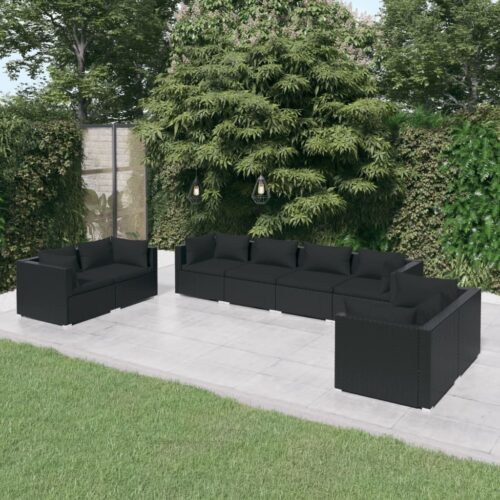 8-Piece Garden Lounge Set with Cushions Poly Rattan Wicker Outdoor Patio Furniture Black - Image 2