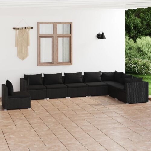 8-Piece Garden Lounge Set with Cushions Poly Rattan Wicker Outdoor Patio Furniture Black - Image 2