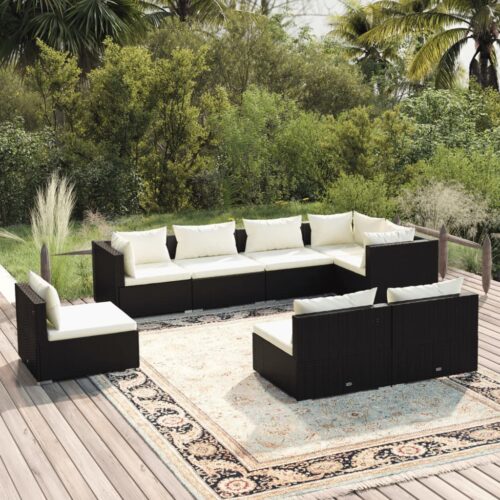 8-Piece Garden Lounge Set with Cushions Poly Rattan Wicker Outdoor Patio Furniture Black - Image 2