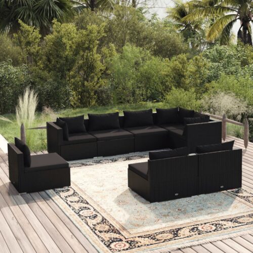 8-Piece Garden Lounge Set with Cushions Poly Rattan Wicker Outdoor Patio Furniture Black - Image 2