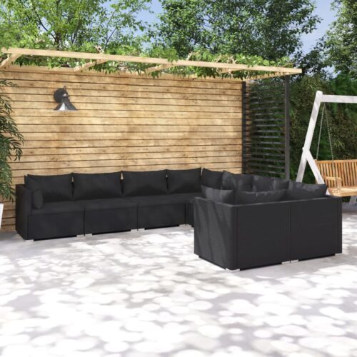 8-Piece Garden Lounge Set with Cushions Poly Rattan Wicker Outdoor Patio Furniture Black - Image 2