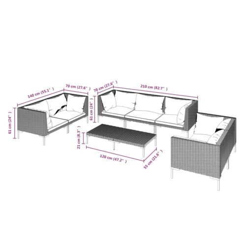 8-Piece Garden Lounge Set with Cushions Poly Rattan Wicker Outdoor Patio Furniture Dark Grey - Image 10