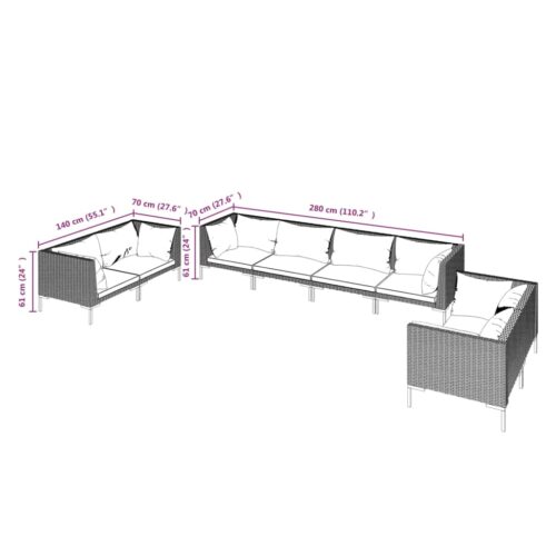 8-Piece Garden Lounge Set with Cushions Poly Rattan Wicker Outdoor Patio Furniture Dark Grey - Image 10