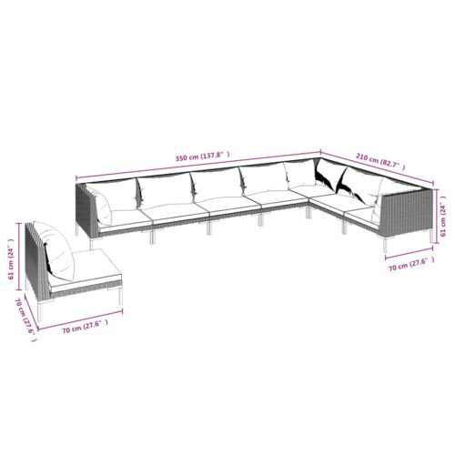 8-Piece Garden Lounge Set with Cushions Poly Rattan Wicker Outdoor Patio Furniture Dark Grey - Image 7