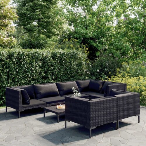 8-Piece Garden Lounge Set with Cushions Poly Rattan Wicker Outdoor Patio Furniture Dark Grey - Image 2