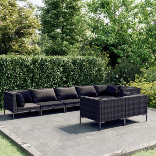 8-Piece Garden Lounge Set with Cushions Poly Rattan Wicker Outdoor Patio Furniture Dark Grey - Image 2