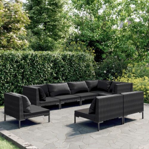 8-Piece Garden Lounge Set with Cushions Poly Rattan Wicker Outdoor Patio Furniture Dark Grey - Image 2