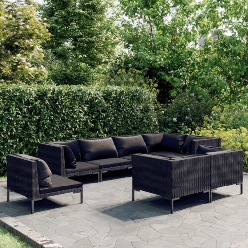 8-Piece Garden Lounge Set with Cushions Poly Rattan Wicker Outdoor Patio Furniture Dark Grey - Image 2