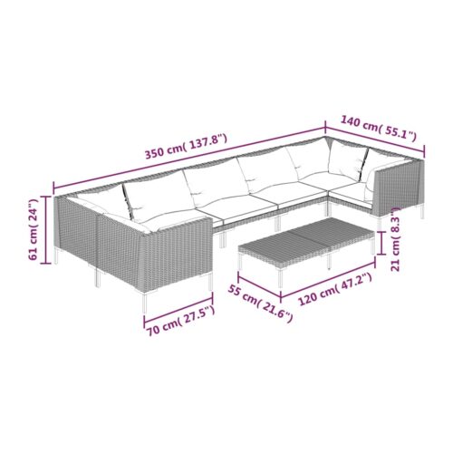 8-Piece Garden Lounge Set with Cushions Poly Rattan Wicker Outdoor Patio Furniture Dark Grey - Image 9