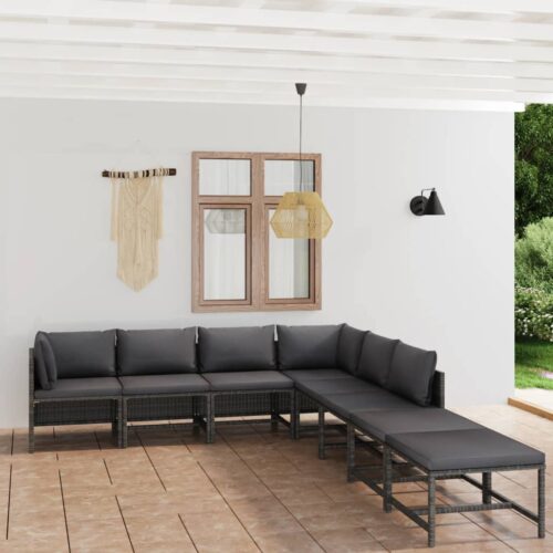 8-Piece Garden Lounge Set with Cushions Poly Rattan Wicker Outdoor Patio Furniture Grey - Image 2
