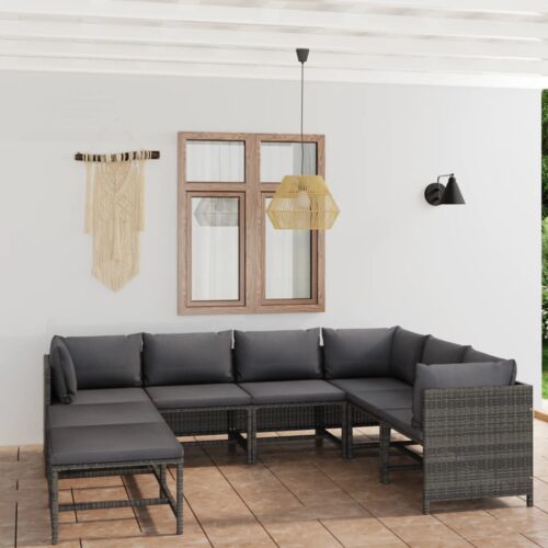 8-Piece Garden Lounge Set with Cushions Poly Rattan Wicker Outdoor Patio Furniture Grey - Image 2