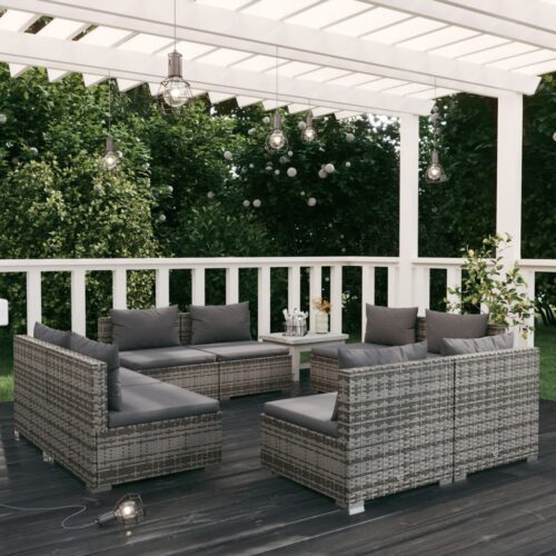 8-Piece Garden Lounge Set with Cushions Poly Rattan Wicker Outdoor Patio Furniture Grey - Image 2