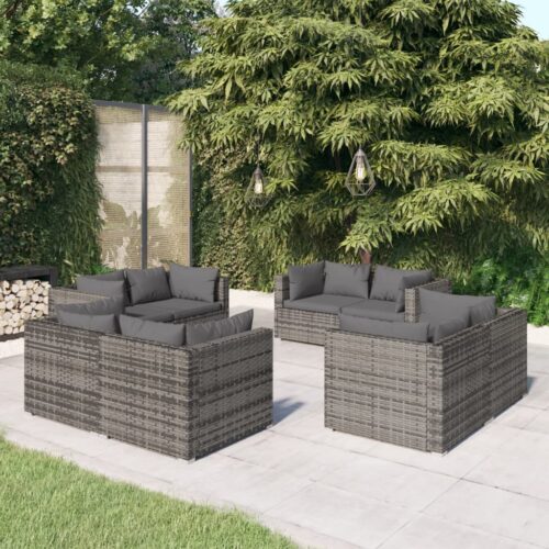 8-Piece Garden Lounge Set with Cushions Poly Rattan Wicker Outdoor Patio Furniture Grey - Image 2