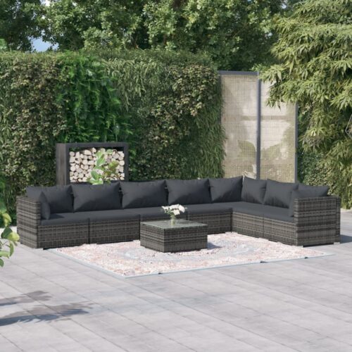 8-Piece Garden Lounge Set with Cushions Poly Rattan Wicker Outdoor Patio Furniture Grey - Image 2