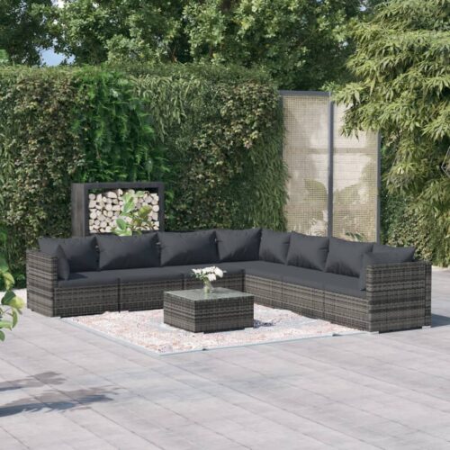 8-Piece Garden Lounge Set with Cushions Poly Rattan Wicker Outdoor Patio Furniture Grey - Image 2