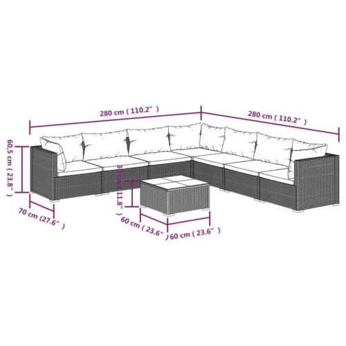 8-Piece Garden Lounge Set with Cushions Poly Rattan Wicker Outdoor Patio Furniture Grey - Image 6