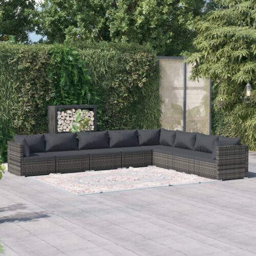 8-Piece Garden Lounge Set with Cushions Poly Rattan Wicker Outdoor Patio Furniture Grey - Image 2
