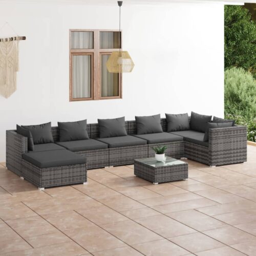 8-Piece Garden Lounge Set with Cushions Poly Rattan Wicker Outdoor Patio Furniture Grey - Image 2
