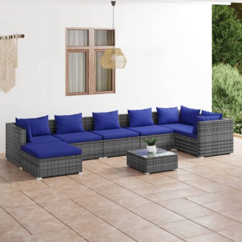 8-Piece Garden Lounge Set with Cushions Poly Rattan Wicker Outdoor Patio Furniture Grey - Image 2