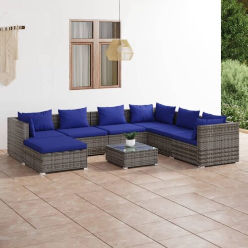 8-Piece Garden Lounge Set with Cushions Poly Rattan Wicker Outdoor Patio Furniture Grey - Image 2
