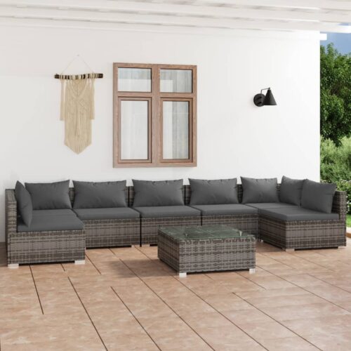8-Piece Garden Lounge Set with Cushions Poly Rattan Wicker Outdoor Patio Furniture Grey - Image 2