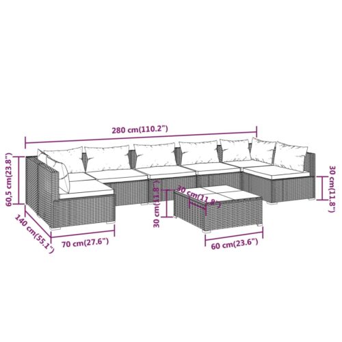 8-Piece Garden Lounge Set with Cushions Poly Rattan Wicker Outdoor Patio Furniture Grey - Image 9