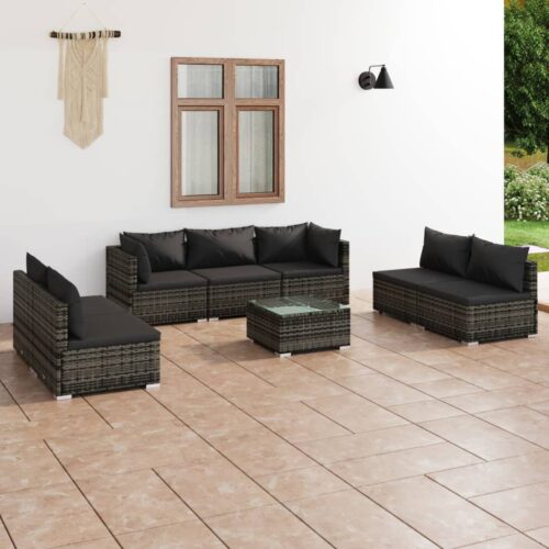 8-Piece Garden Lounge Set with Cushions Poly Rattan Wicker Outdoor Patio Furniture Grey - Image 2
