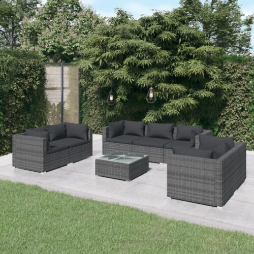 8-Piece Garden Lounge Set with Cushions Poly Rattan Wicker Outdoor Patio Furniture Grey - Image 2