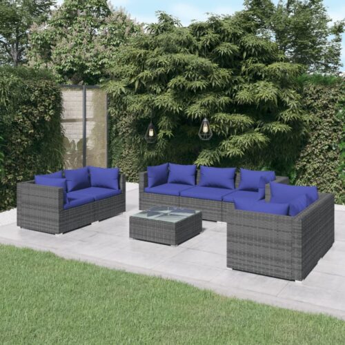8-Piece Garden Lounge Set with Cushions Poly Rattan Wicker Outdoor Patio Furniture Grey - Image 2