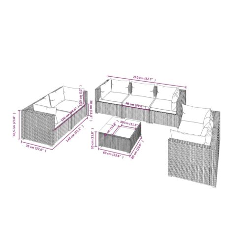 8-Piece Garden Lounge Set with Cushions Poly Rattan Wicker Outdoor Patio Furniture Grey - Image 9