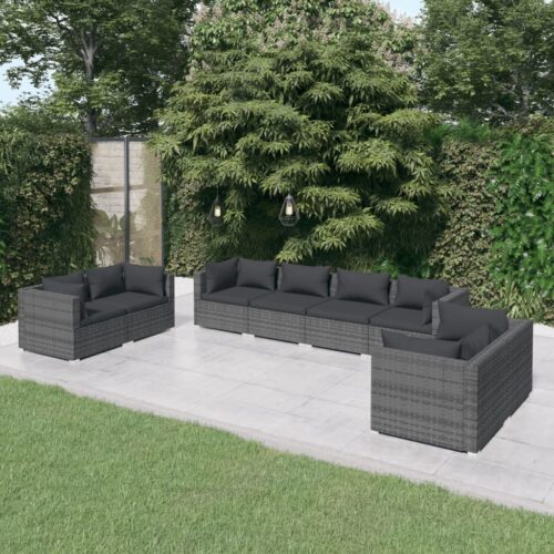 8-Piece Garden Lounge Set with Cushions Poly Rattan Wicker Outdoor Patio Furniture Grey - Image 2
