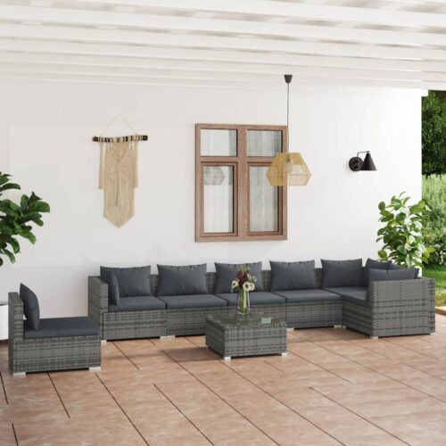 8-Piece Garden Lounge Set with Cushions Poly Rattan Wicker Outdoor Patio Furniture Grey - Image 2