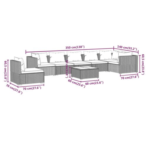 8-Piece Garden Lounge Set with Cushions Poly Rattan Wicker Outdoor Patio Furniture Grey - Image 9