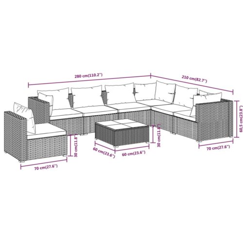 8-Piece Garden Lounge Set with Cushions Poly Rattan Wicker Outdoor Patio Furniture Grey - Image 9