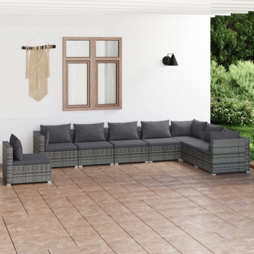 8-Piece Garden Lounge Set with Cushions Poly Rattan Wicker Outdoor Patio Furniture Grey - Image 2