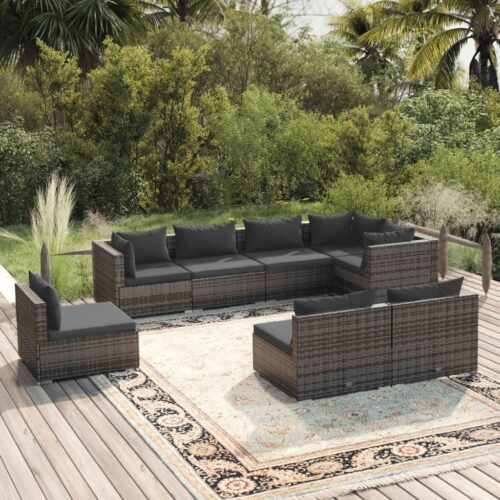 8-Piece Garden Lounge Set with Cushions Poly Rattan Wicker Outdoor Patio Furniture Grey - Image 2