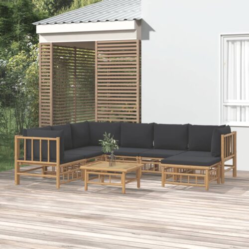 8-Piece Garden Lounge Set with Dark Grey Cushions Bamboo Outdoor Patio Furniture - Image 2
