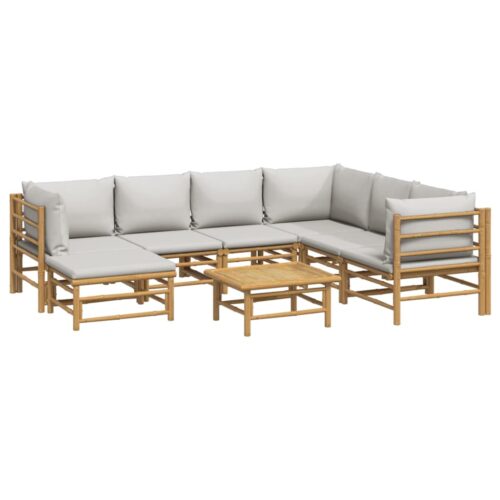 8-Piece Garden Lounge Set with Light Grey Cushions Bamboo - Image 3