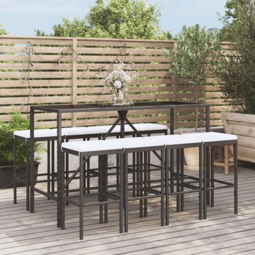 9-Piece Garden Bar Set with Cushions Black Poly Rattan Wicker Outdoor Patio Furniture - Image 2