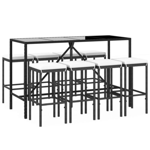 9-Piece Garden Bar Set with Cushions Black Poly Rattan Wicker Outdoor Patio Furniture - Image 3