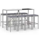 9-Piece Garden Bar Set with Cushions Grey Poly Rattan Wicker Outdoor Patio Furniture